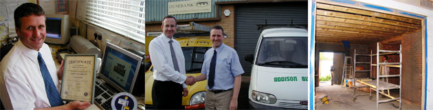 a montage of 3 images, first shows Ron Cox holding Quality Mark Certificate, second shows Ron Cox with Addison's old owner, third shows interior work at the office